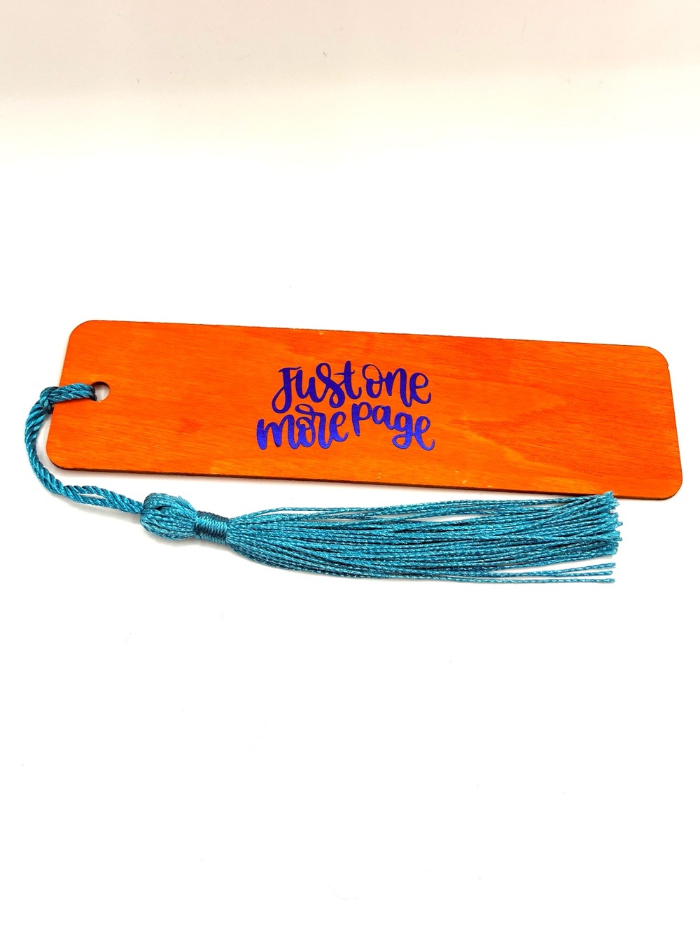 Just One More Page Orange Bookmark with Teal Tassel